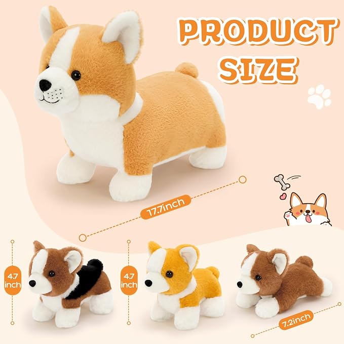 MaoGoLan 4pcs Corgi Stuffed Animal, 15.7 Inch Large Mommy Dog Stuffed Animal with 3 Baby Puppy Plushies, Realistic Cute Stuffed Dog Plush Toys for Kids Girls Boys Gift