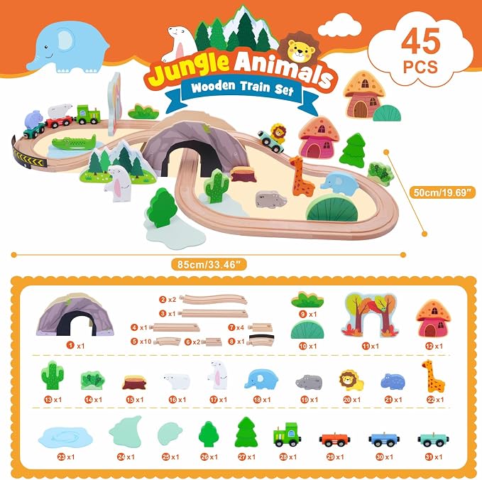 SIMPLIPLAY 45PCS Jungle Wooden Train Set with Safari Figures, Crash Barrier | Montessori Train Tracks for Toddlers 3-5 with Bridge & Wooden Safari Animal Toys, Gifts for 3 4 5 Years Old Girls & Boys