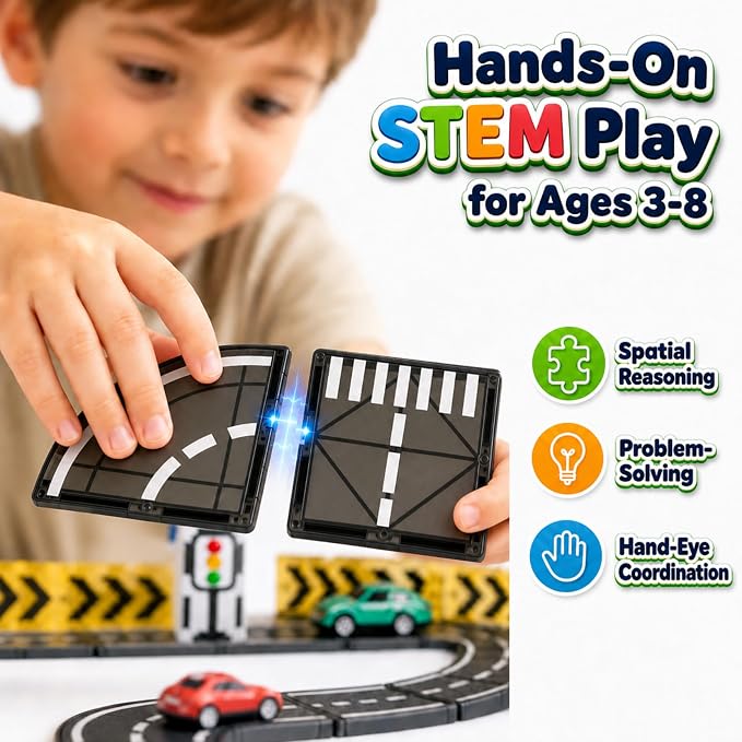 Magnetic Tiles Road Set with Cars, Magnetic Road Building Tiles with 6 Race Cars, Traffic Lights & Road Signs, STEM Construction Toy for Boys Girls Ages 3-5 4-8 5-7, Expansion Magnetic Building