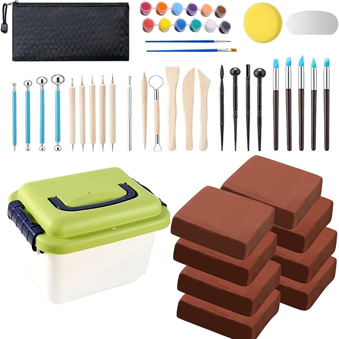 10 lb Terracotta Natural Air-Dry Clay + 30 pcs Pottery Tools + Storage Box,Ideal for Wheel Throwing,Hand Building,Sculpting;Great for All Skill Levels;Whiteware Clay for Pottery (Terracotta 10LB)