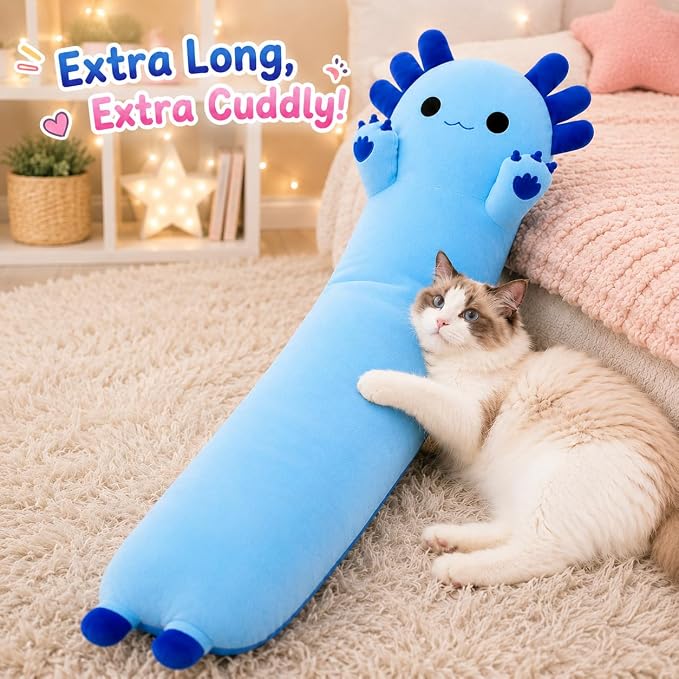 Long Axolotl Stuffed Animals 27.6 inch, Soft Long Axolotl Plush Pillow Cute Plush Pillow Gifts for Kids Girlfriend, Blue