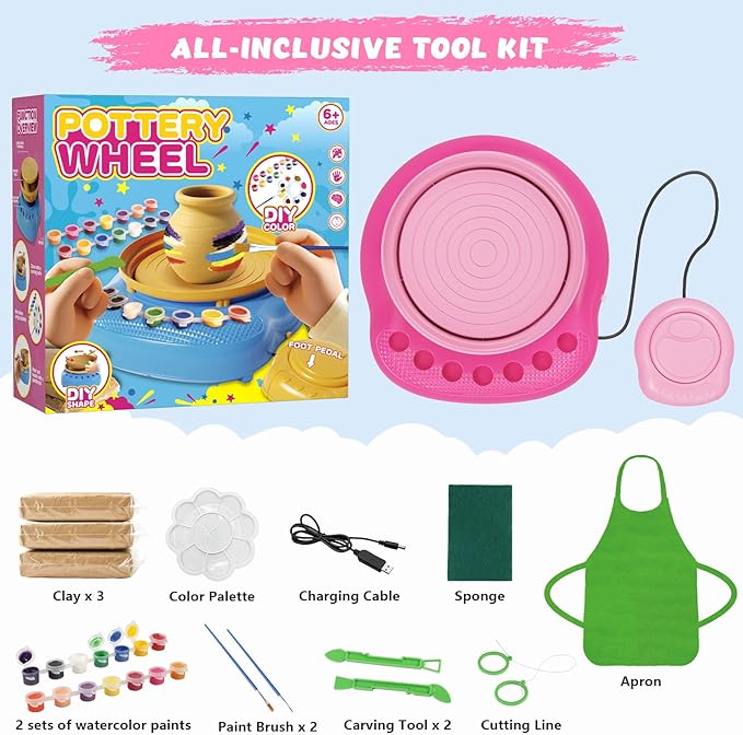 Pottery Wheel for Kids with Complete Clay Kit,Beginner Pottery Painting Set with Air Dry Clay,12 Paints,Sculpting Tools,Apron and Guide,Arts and Crafts Christmas Birthday Gift for Girls Boys Ages 6-12
