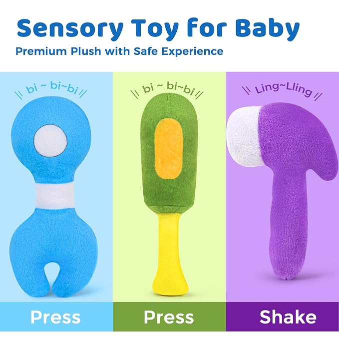 KMUYSL Baby Toys 0-6-12 Months, My First Tools Plush Toys -4 Pcs Sensory Playset Soft Toys with Squeaker Crinkle for 0-6-9-12 Months Newborn Infant, Birthday Christmas Gifts for Boys Girls