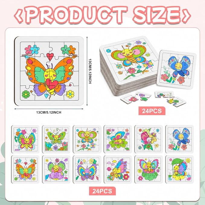 Cinrobiye 24 Pcs Butterfly Coloring Puzzle Craft Kit for Kids, DIY Butterfly Jigsaw Puzzles Bulk with 12 Designs, Spring Arts and Crafts Activities for Classroom Birthday Party Favors School Rewards