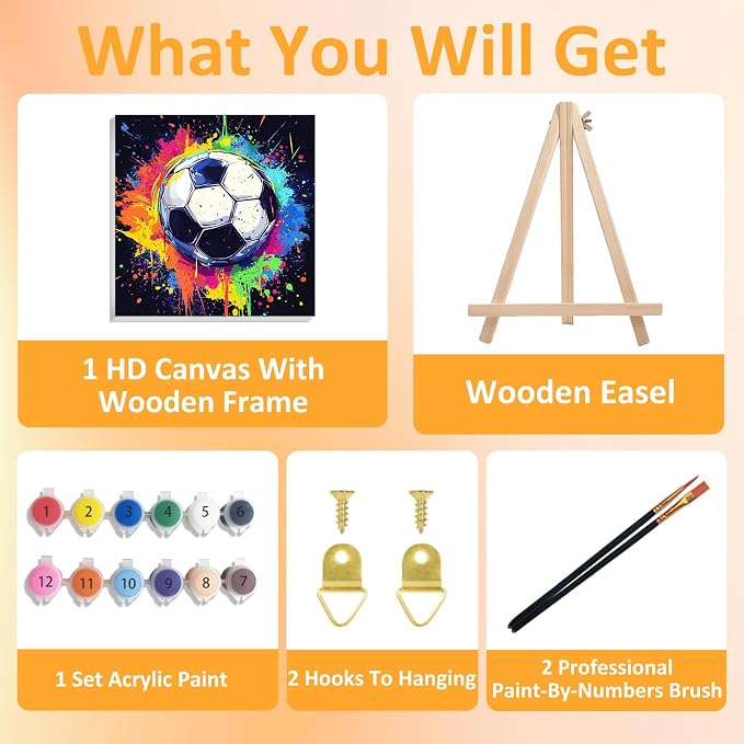 Paint by Numbers Kit for Kids with Frame, Soccer Paint by Numbers Ages 4-8-12, Craft Kts for Kids for Wall Art Decor Gifts 7.8x7.8 inch (with Frame Easel)