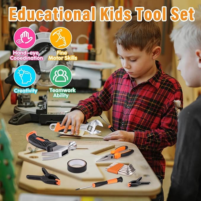 27-Piece Orange Kids Real Tool Set with Storage Tool Bag, Small Real Hand Tool Kit for Boys & Girls, Child Construction Learning Tools for Home Building and Woodworking, 6+ Years Old Boy Birthday Gift
