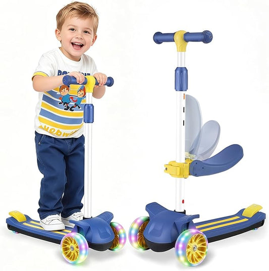 2 in 1 Kick Scooter with Removable Seat, 3 LED Wheels Kick Scooter for Kids, 4 Adjustable Height & Foldable Design Toddler Scooters Sit or Stand Ride for Boys & Girls 2-10 Years Old