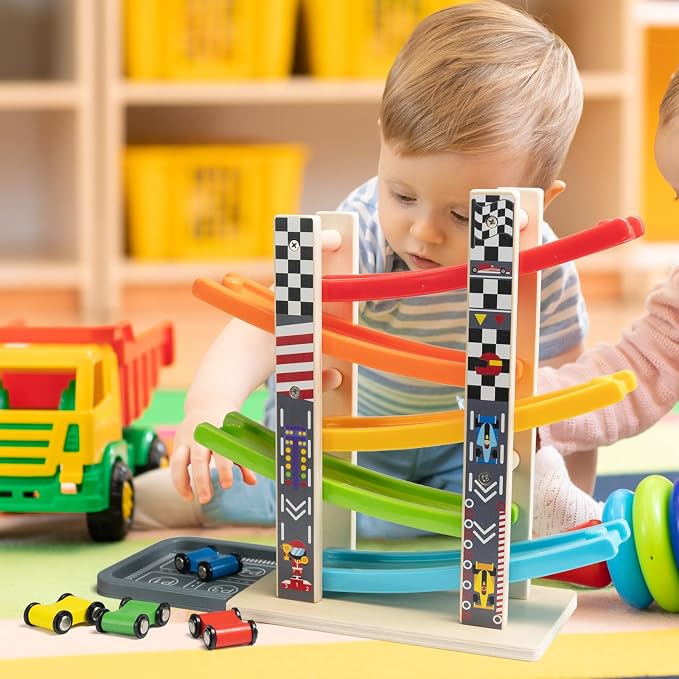 WOOD CITY Wooden Car Ramp Racer Toy Vehicle Set with 5 Mini Cars & Race Tracks, Toddler Toys Montessori Cars Toys Birthday Gift for Kids Boys and Girls