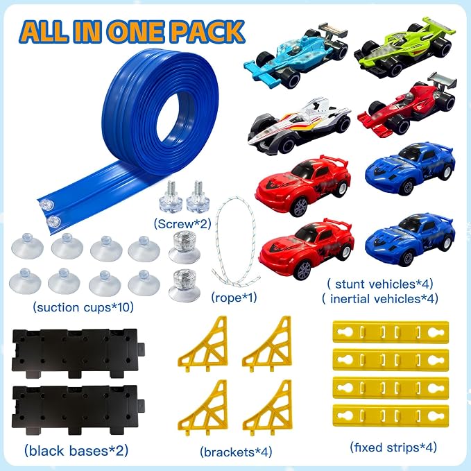 Flexible Race Track 16.5 Ft for Kids - Race Car Ramp Track with Suction Cups, Compatible with 1:64 Scale Diecast Cars, Includes 8 Racing Cars, Portable Toy Play Set Gift for Boys Girls Ages 3-8, Blue