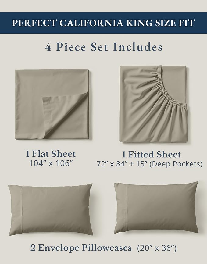 LANE LINEN California King Size Bed Sheet Set 100% Organic Cotton - Silver | Cal King Sheet Set, GOTS Certified Organic Cotton Percale - Best-Value Organic Cotton, Affordable Organic Luxury