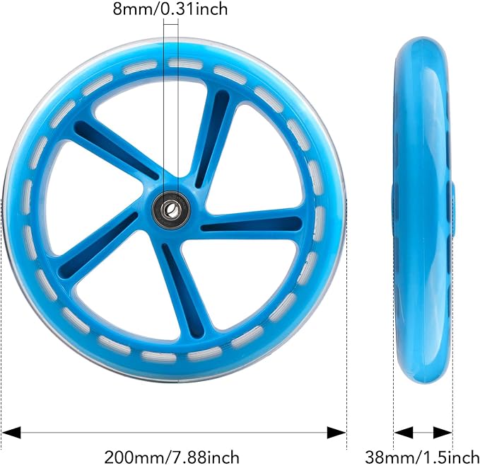 2-Pack 200mm Scooter Replacement Wheels - 8-Inch Wheels for Razor A5, Lascoota, Kid, Youth, Adult Kick Push Scooter (Blue)