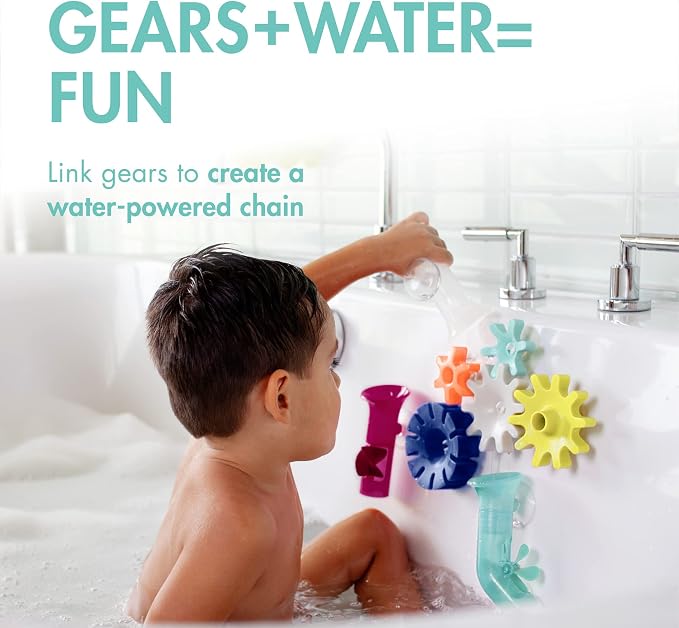 Boon Cogs Baby Bath Toys - Spinning Gear Themed Sensory Baby Toys for Bathtub - Suction Toys for Bathtub Walls - Navy and Yellow - 5 Count - Ages 12 Months and Up (Pack of 2)