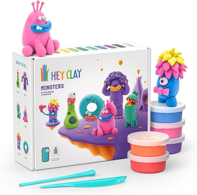 HEY CLAY Set - Colourful Modeling Air Dry Clay Kit for Kids 15 cans and Sculpting Tools with Fun Interactive Instructions App - Children 3+ (Monsters)