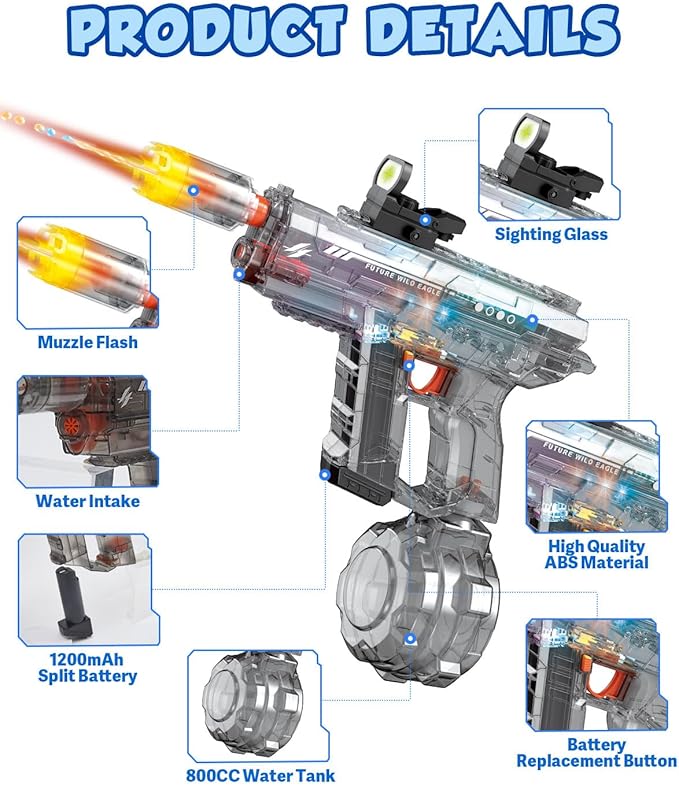 Electric Water Gun for Adults Kids Blue Automatic Squirt Gun: Light Up 26-32FT Long Range, 800CC Large Capacity Watergun,Summer Outdoor Pool Games for Ages 8-12, Beach Backyard Family Party Toy Gift