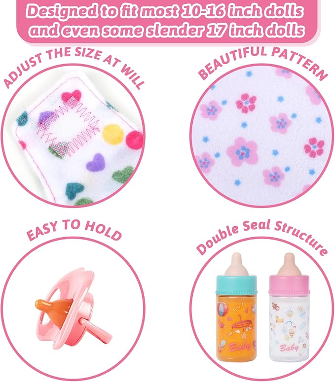 CARANOVO Baby Doll Accessories Set – 7 Pcs Feeding Bottle Toys, Magic Disappearing Milk & Juice, Pretend Play Set with Pacifiers, Reusable Bibs and Diapers, Kids Gift