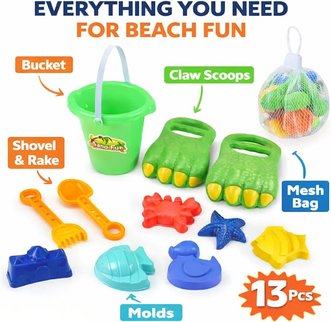 Liberty Imports 13 PCS Beach Sand Toys, Dinosaur Claw Hand Scoop Play Set with Bucket, Shovel Tools, Animal and Castle Sand Molds - Beach Sandbox Toys for Toddlers & Kids