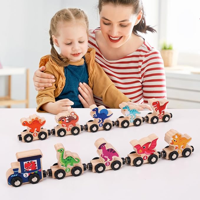 Magnetic Wooden Dinosaur Train Set, 11 Piece Montessori Toys for Toddlers, Preschool Educational Material for Kids, Birthday Gifts for Boys and Girls