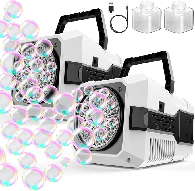 Bubble Machine for Children, Powered by USB Adapter or Battery, Suitable for Indoor & Outdoor Birthday Parties, Weddings & Outdoor Activities (2-Pack)