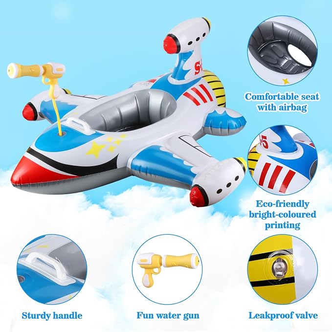 Baby Airplane Pool Float with Handle & Squirt Gun, Baby Swim Float Swimming Pool Float Kids Toddler Floaties Toddler Pool Float Age 1-4 Boys Girls Inflatable Ride-ons Pool Beach Toys