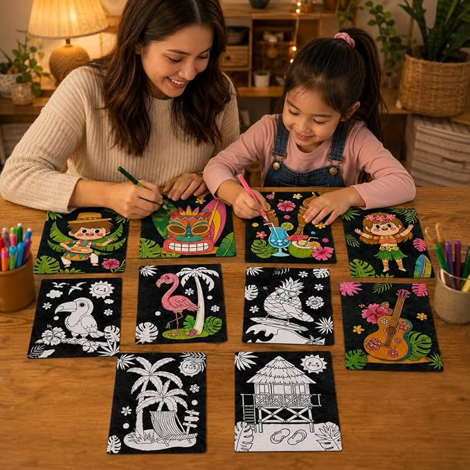 Cinrobiye 48 Pcs Hawaiian Velvet Coloring Posters Tropical Luau Fuzzy Felt Coloring Pages Bulk Craft Kit Flamingo Pineapple Tiki Ocean Party Supplies Aloha Beach Classroom Living Art Activity Set