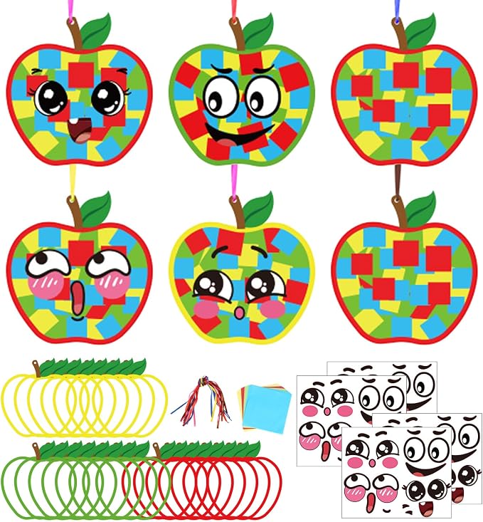 Fennoral 24 Pack Apple Crafts for Kids Make Your Own Back to School Apple Suncatchers with Emotion Stickers DIY Art and Craft Classroom Ornaments for First Day of School Activities Fall Party Decor