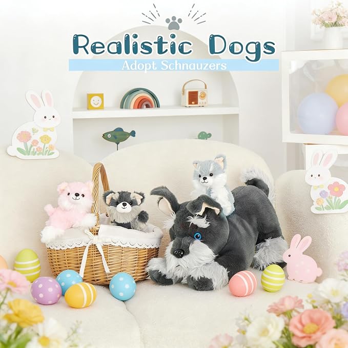MorisMos Plush Schnauzer Dog Stuffed Animal with Babies, 20'' Big Mommy Dog with 3 Baby Puppy Toys for Kids, Xmax Stuffed Schnauzer Dog Toys for Girl Boy, Lifelike Dog Gifts for Christmas Birthday