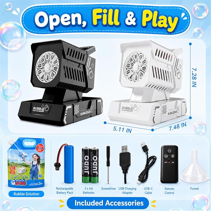 Bubble Machine Remote Control,Auto Rotation & 11 RGB Lights | 1800mAh Rechargeable Battery/USB-C Charging,Top-Fill Portable Bubble Maker for Kids Birthday Party Wedding Pool Outdoor