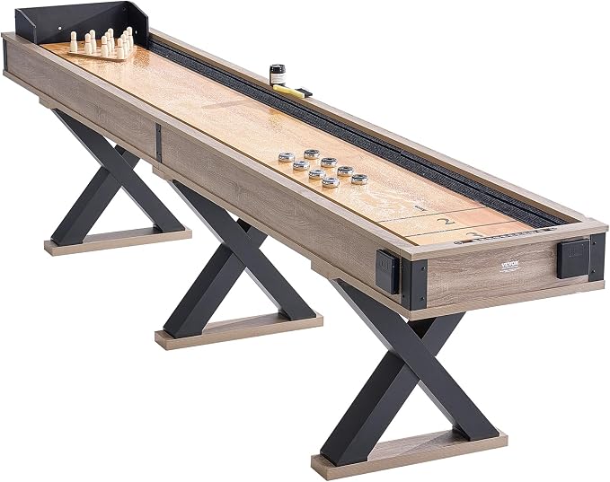 VEVOR Shuffleboard Table, 11.5 ft Shuffleboard for Family Game Rooms, 2 in 1 Shuffleboard and Bowling Combo Game Set, with Scratch-Resistant Playfield, Legs, 8 Pucks, Bowling Set, Wax, and Table Brush