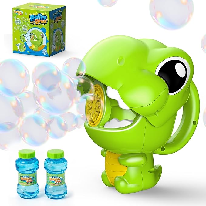 MAKE KIDS SMILE BUBBLE FUN Rechargeable Dinosaur Bubble Guns for Kids 1-3 | Automatic bubble machine with fast output, includes 8oz solution. Ideal summer children toys for boys, girls and pets.