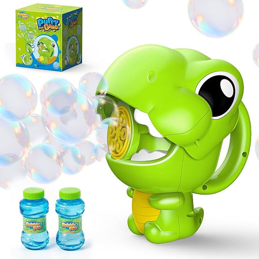 MAKE KIDS SMILE BUBBLE FUN Rechargeable Dinosaur Bubble Guns for Kids 1-3 | Automatic bubble machine with fast output, includes 8oz solution. Ideal summer children toys for boys, girls and pets.