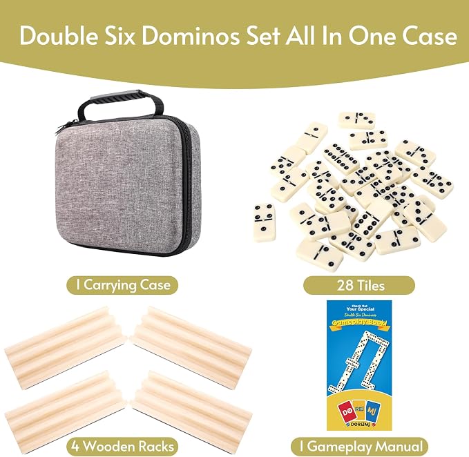 Doreimi Double 6 Dominos Set for Adults with 4 Wooden Racks & 28 Tiles Travel Dominoes Set Classic Board Game for Family Game Night