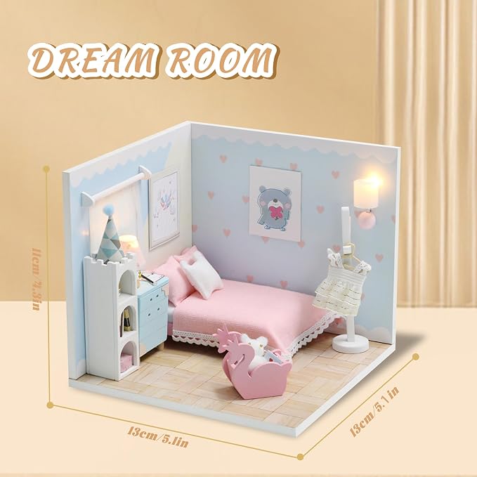 Kisoy Dollhouse Miniature with Furniture Kit, DIY 3D Wooden DIY House Kit A Corner of a Small Apartment Style with Dust Cover & LED,Handmade Tiny House Toys for Kids Adults Gift (Dream Room)
