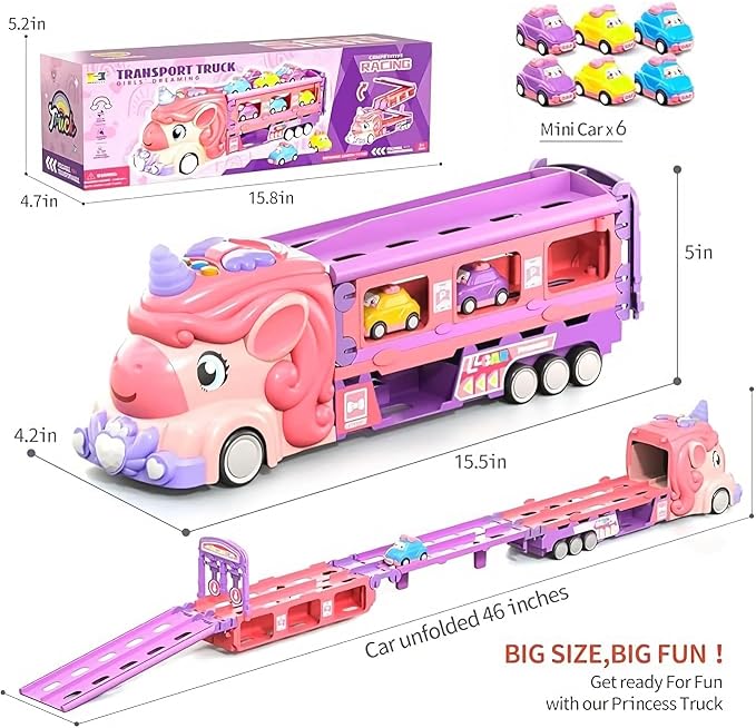 Girls Toy Cars Set Unicorn Toys Truck - 8 Princess Cars Set & 2-Player Fold Out Track with Light & Sound - Monster Catapult Race Tracks Best Birthday Gifts for Age 3 Year Old Toddler Kids 3-5
