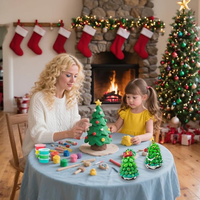 Xoprmey 12Pack Christmas Trees Crafts Kit - Air Dry Clay Christmas Trees Crafts for Kids,Modeling Clay DIY Kit for Kids,Great for Birthday Parties,School Winter Party Fun,for Age 3+