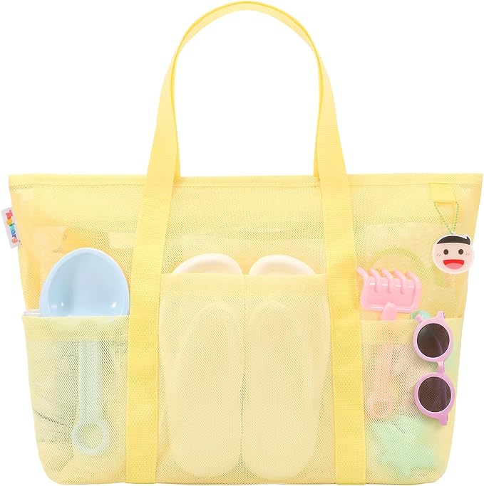 Tagitary Beach Toys for Kids and Mesh Beach Bag with Zipper, Large Beach Tote with 8 Pockets, Sand Toys Storage Pool Bag Beach Accessories for Sports Camping Picnic Travel