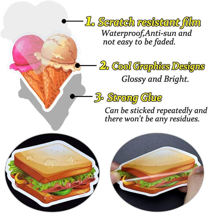 QTL Food Stickers for Kids, Cute Food Party Supplies, Waterproof Vinyl Stickers for Water Bottles and Laptop, 50PCS
