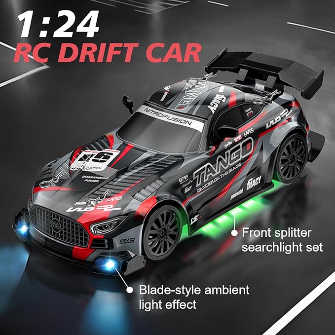 RC Drift Car,1:24 4WD High Speed Electric Remote Control Car with LED Lights,Drifting Tires,2 Batteries,Dual Mode Tires,Hobby Racing Toy Car for Adults & Kids