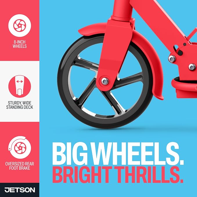 Jetson Jupiter Jumbo 2-Wheel Kick Scooter, Sturdy Wide Deck, Height Adjustable Handlebar, Rear Brake, Easy-Folding Mechanism, 8 inch wheels