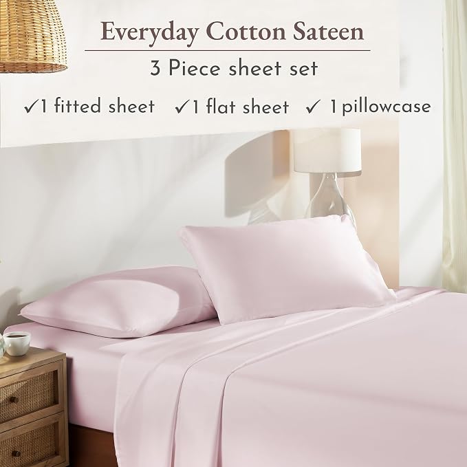 California Design Den Twin Sheet Set - Natural 100% Cotton Bed Sheets with 12" Pockets, Soft Sateen Weave, Breathable and Durable Bedding Set for Dorm Rooms, College (Pink)