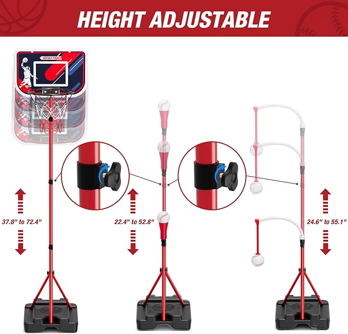 HYES 4 in 1 Kids Basketball Hoop and Tball Set for Toddlers 3-5, Adjustable Hanging Tee Ball Stand with Automatic Baseball Pitching Machine, Indoor Outdoor Sport Toys Birthday for Boys