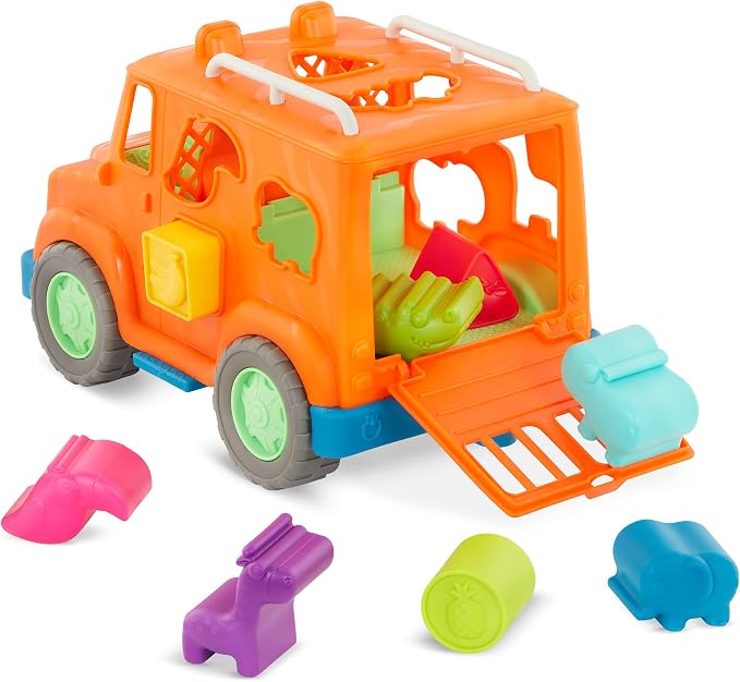 Battat – Wonder Wheels – Shape Sorter Toy Truck – 9 Pieces Developmental Toy for Kids, Toddlers – Animal & Fruit Shapes – Recyclable Materials – Safari Shape Sorter Truck – 1 Year +