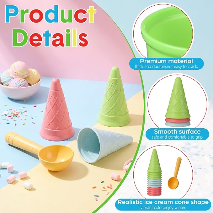 Potchen 16 Pcs Plastic Ice Cream Cones Cups and Scoop Set, Beach Sand Toys for Kids, Summer Sandbox Ice Cream Mold Set for Sensory Table, Outdoor Play Backyard Seaside Activities, Macaron Pastel
