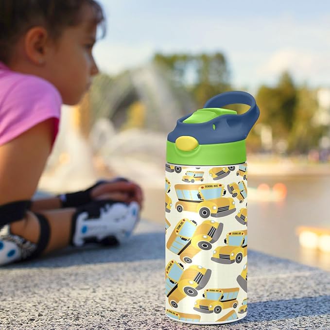 Boccsty Yellow School Bus Kids Water Bottle with Straw Lid Truck Insulated Stainless Steel Reusable Tumbler for Boys Girls Toddlers 12 oz Green