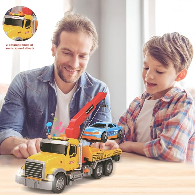 haomsj Big Tow Truck Toy with Car for 3+ Year Old Boys Friction Power Crane Transport Truck with Light Sound Toy Truck for Kids Ages 3-7 Birthday Toys for Boys (1:18 Plastic Tow Truck)