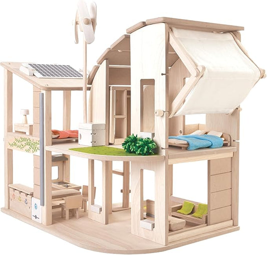 PlanToys® Green Wooden Dollhouse with Furniture | Eco Friendly Doll House with Solar Panel, Wind Turbine & Recycling System | Pretend Play Dollhouse for Sustainable Living Role Play