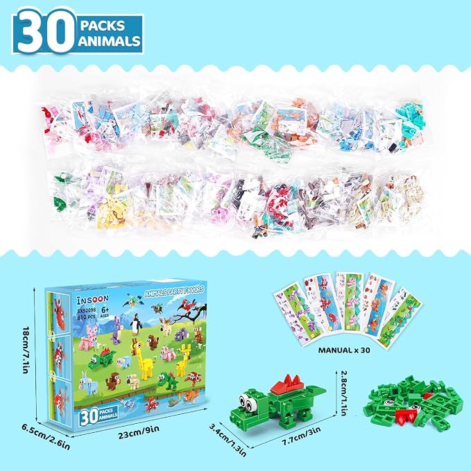 INSOON 30 Packs Animal Party Favors for Kids, 810 PCS Mini Animal Building Block Toy Set for Goodie Bag Fillers Classroom Prizes Easter Birthday Children's Day for Boys Girls Student Ages 6+