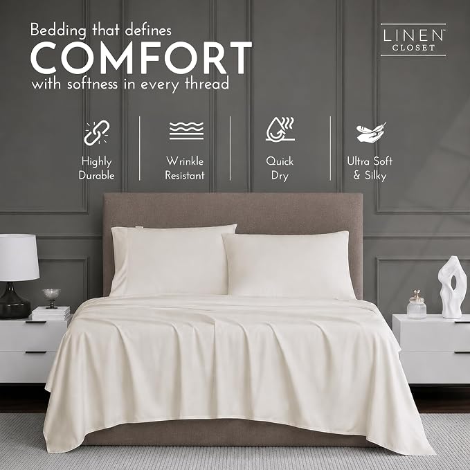 Linen Closet Luxury 1200 Thread Count Full Size Sheets Set, 4 Pieces, Cotton Rich, Beige, Soft, Durable & Wrinkle Resistant Sateen Sheets, 16" Deep Pocket Fitted Sheet, Home & Hotel Essentials