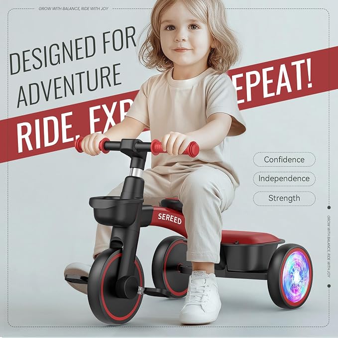 SEREED Colorful Lighting Toddler Tricycle for 2-5 Years Old Boys Girls, Adjustable Seat&Handlebar Trike, Removable Basket, Birthday Gift Idea for Kids Ages 2+ (Red Black)