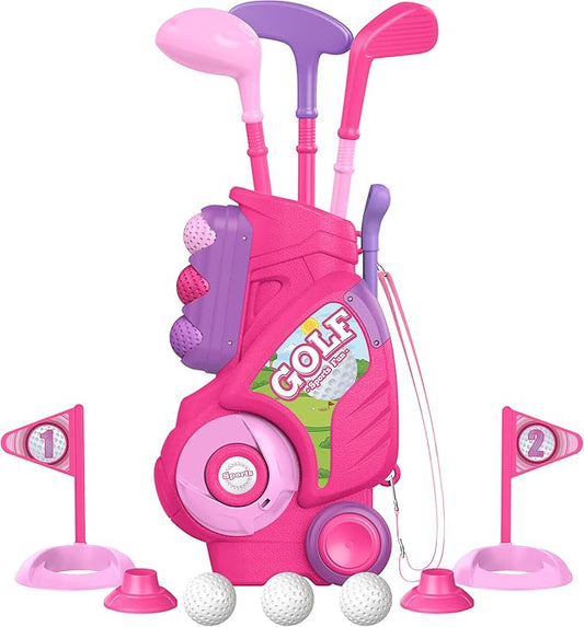 Liberry Toddler Golf Set for 2 3 4 Years Old, Upgraded Kids Golf Cart with Unique Shoulder Strap Design, Indoor and Outdoor Golf Toys Gifts for Girls Boys (Pink)