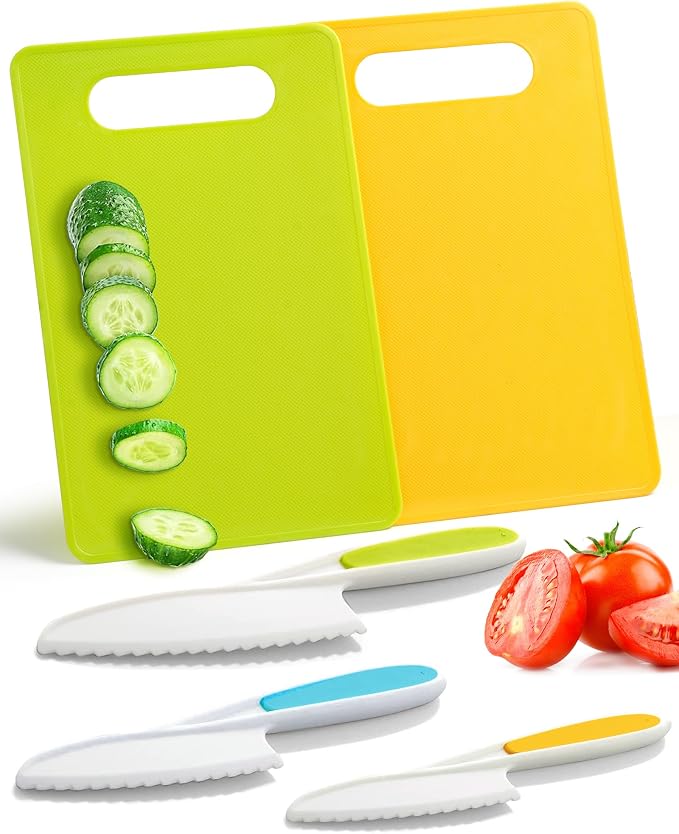 Kids Knife Set for Real Cooking, 5 Pcs Kid Safe Plastic Kitchen Knife Set with 3 Knives and 2 Cutting Boards, Montessori Cooking Set for Kids